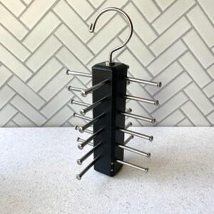 Black Wood Tie Rack Belt Hanger Organizer 24 Peg Metal Rotating Closet Storage